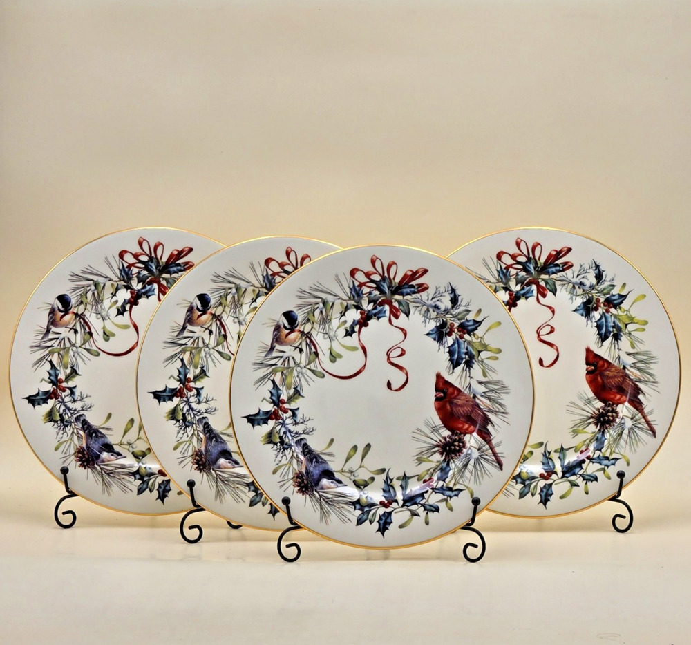 Lenox Winter Greetings Dinner Plate Set of 4 USA 10.75 Fine Ivory 24k Gold Rim